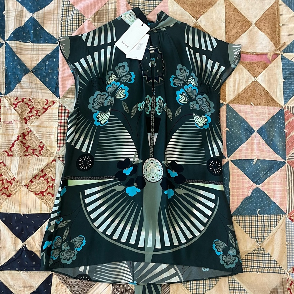 Reiss Top Green Womens Size 6 Open Back Zanna Placement Print Tie Neck